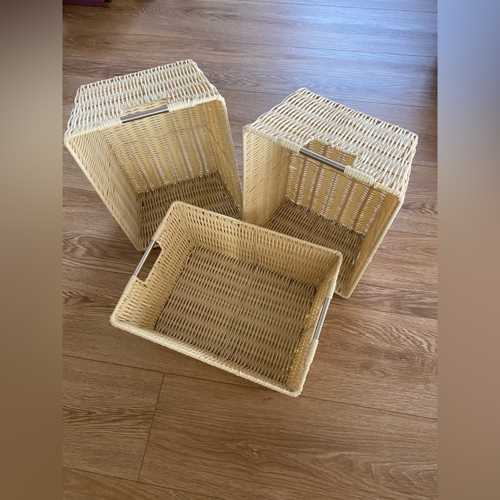 Three Woven Plastic Baskets with Metal Frames